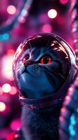 Black cat wearing astronaut helmet with glowing red eyes against pink and purple bokeh background, creating mystical sci-fi atmosphere for fantasy art designs.
