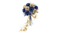 Elegant navy blue and gold roses bouquet with flowing ribbon on white background isolated for wedding invitations and romantic design projects.