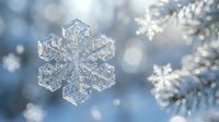 Macro close-up of intricate snowflake crystal with detailed geometric patterns against soft blue bokeh background. Winter frost ice formation nature photography.