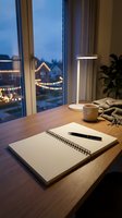 Cozy evening workspace with notebook, coffee cup and modern lamp by window overlooking festive neighborhood lights during twilight hour.