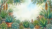 Watercolor succulent garden frame with aloe, cacti and desert plants in terracotta pots creating botanical border on white background for greeting cards.