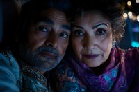 Middle-aged South Asian couple in traditional formal attire share intimate moment against dark background with bokeh lights, expressing dramatic emotions.