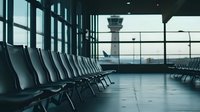 Airport terminal waiting area with empty seats facing large windows overlooking control tower and runway during daytime for travel and transportation concepts.