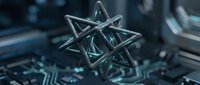 Metallic star geometric shape suspended over circuit board pattern with blue tech lighting and depth of field blur background.