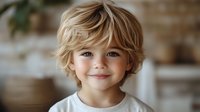 Smiling young child with tousled blonde hair and bright blue eyes wearing a light-colored shirt against a soft-focus home interior background.