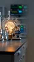 Glowing lightbulb with brain and circuit patterns in modern laboratory setting representing innovation, artificial intelligence and scientific research breakthrough.