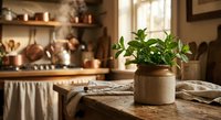 Green potted plant on rustic wooden table in cozy farmhouse kitchen with copper cookware and warm natural lighting creating homey atmosphere.