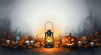 Spooky autumn scene with glowing lantern, carved pumpkins, skulls and dried orange leaves arranged on dark surface for seasonal decorations and holiday designs.