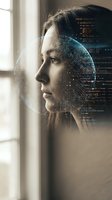 Young woman with digital circuit overlay representing artificial intelligence and machine learning technology in modern office setting.