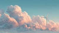 Wind turbine against dramatic pink and white clouds in turquoise sky, showcasing renewable energy technology in a serene natural setting.