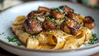 Gourmet pasta dish with caramelized mushrooms and fresh herbs served on white plate, perfect for food blogs and restaurant menus.