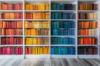 Colorful bookshelf with books arranged by color spectrum from pink to orange, yellow, blue, and brown, creating a rainbow effect in modern interior.
