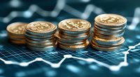 Stacks of golden cryptocurrency coins on financial chart background showing market trends and trading data. Digital money concept for finance design.