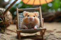 Adorable golden hamster relaxing in miniature beach chair on sand, with parasol in background creating summer vacation atmosphere and playful pet portrait.