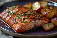 Grilled salmon fillet with honey glaze garnished with fresh herbs, served alongside golden roasted baby potatoes on ceramic plate, close-up food photography.