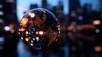 Glowing digital Earth globe with illuminated city lights and technology network pattern floating against blurred urban nightscape background. Futuristic global connectivity concept.