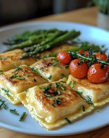 Golden cheese-filled pasta parcels with roasted cherry tomatoes and fresh asparagus spears garnished with herbs on white plate for gourmet dining.