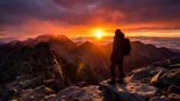 Silhouetted hiker standing on rocky mountain peak at golden sunset, gazing at dramatic orange and purple sky with distant mountain ranges, adventure and exploration concept for travel and outdoor activities.