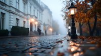 Atmospheric foggy autumn street with cobblestones, vintage lampposts, and fallen leaves reflecting light against historic buildings in evening mist.