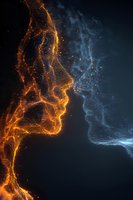Abstract digital art featuring luminous orange and blue particle streams forming human face profiles in cosmic space for technology and AI concepts.