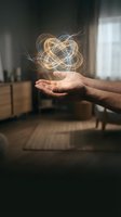 Male hands holding glowing energy orb with swirling light trails in modern interior space representing innovation, creativity and digital transformation concepts.