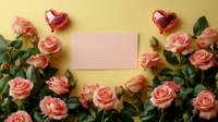 Pink roses and heart-shaped balloons frame blank card on golden background for Valentine's Day, anniversary, wedding invitation or romantic greeting design.