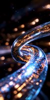 Glowing spiral path with digital grid pattern floating in dark space, illuminated by blue and orange lights creating futuristic technology visualization.
