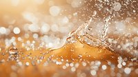 Splashing liquid with golden bokeh effect creates dynamic motion and scattered droplets against blurred background, capturing refreshing moment in macro photography.