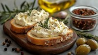 Artisan bread slices topped with creamy cheese spread, fresh rosemary, and cracked pepper on rustic wooden board with olives and olive oil for gourmet cooking.