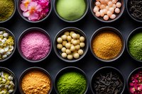 Colorful organic powders, spices, dried flowers and ingredients in black ceramic bowls arranged in rows on dark background, top view food photography.