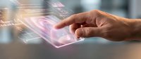 Hand touching holographic digital interface with glowing icons and data streams representing futuristic technology and virtual interaction concepts.