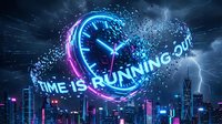Glowing neon clock disintegrating over futuristic city skyline with lightning and text Time Is Running Out, urgent deadline concept.