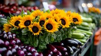 Fresh sunflowers with dark centers displayed at farmers market alongside purple plums and seasonal produce, natural lighting creates vibrant mood for food photography.