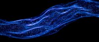 Blue glowing energy wave with sparkling particles flowing across black background for digital technology and futuristic design projects.