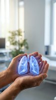 Male hands holding glowing blue lungs hologram in medical office environment representing respiratory health care and pulmonology concepts.