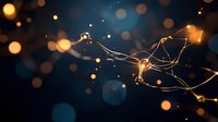 Abstract golden light strings with glowing nodes against dark blue background with bokeh effect, creating futuristic network visualization.