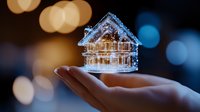 Glowing miniature glass house with fairy lights held in palm against dark background with golden and blue bokeh lights creating magical atmosphere.