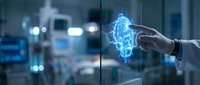 Scientist in lab coat touching glowing blue neural network hologram, representing artificial intelligence research and futuristic technology development in modern laboratory setting.