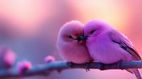 Two small pink birds cuddling together on branch against soft pastel bokeh background, romantic nature scene showing affection and tenderness in wildlife.