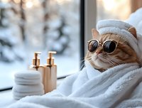 Orange tabby cat wearing sunglasses and white bathrobe relaxing at luxury spa with skincare products and snowy winter view through window.