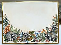 Watercolor autumn forest border with raccoons, ferns and colorful foliage on textured paper background for seasonal greeting cards and nature designs.