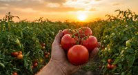 Fresh ripe red tomatoes held in farmer's hand at sunset in agricultural field. Organic vegetable harvest concept for healthy eating and farm produce.