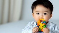 Asian baby boy in striped shirt biting colorful teething toy while looking at camera. Bright natural lighting and soft background create engaging parenting moment.