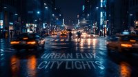Night urban street scene with wet asphalt reflecting neon lights and car headlights. Busy city traffic with glowing storefronts and illuminated buildings creating atmospheric mood.