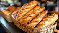 Fresh crusty French baguettes arranged in wicker basket display at bakery counter, golden brown artisanal bread with crispy crust and soft interior.