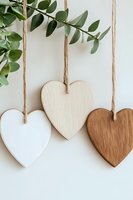 Three wooden heart ornaments hanging from natural rope with eucalyptus branch on white background for home decor and craft projects.