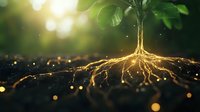 Glowing plant roots in dark soil with magical light effects and bokeh. Young seedling growing in fertile ground illuminated by warm sunlight, showing root system.