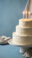 Three-tier white frosting birthday cake with lit candles on stand against blue background for celebration party dessert occasions.