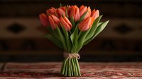 Fresh coral tulip bouquet tied with twine string on rustic wooden table against dark background, spring flowers in natural light for floral design and decoration.