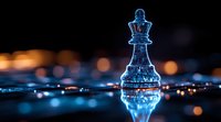 Glowing blue glass chess queen piece on reflective surface with blurred bokeh lights in background, creating dramatic atmosphere for business strategy concept.